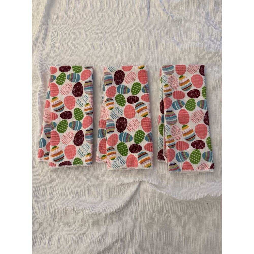 Lot of 3 Easter Dish Towels Egg Pink Multicolor Holiday Festive Home Kitchen